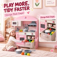 Qaba Wooden Play Kitchen Set for Kids with Real Lights & Sounds, 5PCs Accessories, Gift for Boys & Girls, Ages 3-6, Pink(m-7)