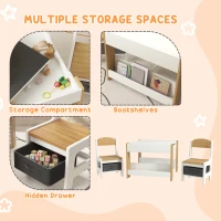 Qaba 3pc Kids Table and Chair Set with Reversible Tabletop Blackboard, Storage & Bookshelves, Natural(m-6)