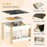 Qaba 3pc Kids Table and Chair Set with Reversible Tabletop Blackboard, Storage & Bookshelves, Natural(m-4)
