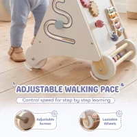 Qaba Wooden Baby Walker, Baby Push Walker w/ Adjustable Speed, Rear Storage for Learning to Walk, Gift for 1.5-3 Years, White(m-4)