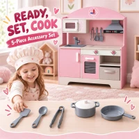 Qaba Wooden Play Kitchen Set for Kids with Real Lights & Sounds, 5PCs Accessories, Gift for Boys & Girls, Ages 3-6, Pink(m-6)