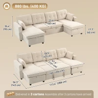 HOMCOM Sectional Sofa Bed, 113" U Shaped Pull Out Sleeper Sofa Bed with Dual Storage Chaises, Wide and Deep Seat, Beige(m-3)