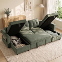 HOMCOM Sectional Sofa Bed, 113" U Shaped Pull Out Sleeper Sofa Bed with Dual Storage Chaises, Wide and Deep Seat, Green