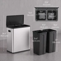HOMCOM Automatic Trash Can, 15.8Gal / 60L Touchless Garbage Can with Dual Compartments, Stainless Steel, Silver(m-3)