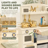 Qaba Wooden Play Kitchen Set for Kids with Real Lights & Sounds, 12PCs Accessories, Gift for Boys & Girls, Ages 3-6, Cream(m-5)