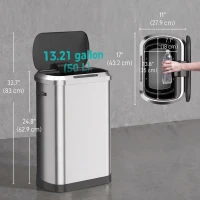 HOMCOM Automatic Trash Can, 13.2Gal / 50L Touchless Garbage Can with Soft-Close Lid, Stay Open, Stainless Steel, Silver(m-3)