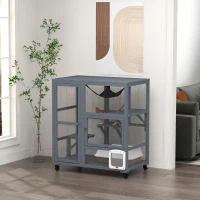 PawHut Cat Condo Wooden Indoor Cat House on Wheels with Cat Flap Door Platforms Hammock Openable Top for 2 Cats, Light Grey(m-1)