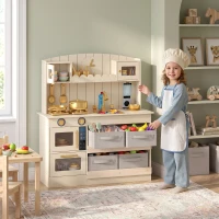 Qaba Wooden Play Kitchen Set for Kids with Real Lights & Sounds, 12PCs Accessories, Gift for Boys & Girls, Ages 3-6, Cream(m-8)