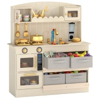 Qaba Wooden Play Kitchen Set for Kids with Real Lights & Sounds, 12PCs Accessories, Gift for Boys & Girls, Ages 3-6, Cream(m-13)