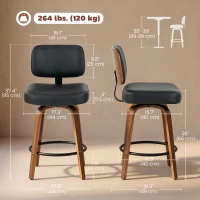 HOMCOM Bar Stools Set of 2 Modern Swivel PU Leather Upholstered Counter Height Bar Chairs, Black(m-3)