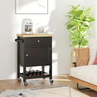 HOMCOM Kitchen Island on Wheels, Rolling Kitchen Cart with Rubberwood Top, Drawer, Wine Rack and Cabinet, Black(m-7)