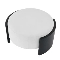 Chic Round Ottoman with Curved Wood-Grain and High-Density Foam, Versatile Coffee Table for Living Room, 32'' L x 32" W x 17.5" H, White+Black(m-8)