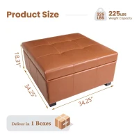 Retro-Chic Square Ottoman with Storage and Faux Leather, Versatile Coffee Table for Living Room and Bedroom, 34'' L x 34" W x 18.5" H, Caramel(m-3)