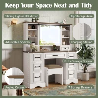 Farmhouse Dressing Vanity Desk with Sliding 3-Colour LED Mirror, Modern Makeup Table Unit with 9 Drawers, 47'' L x 15.5'' W x 55'' H, Brown+White(m-4)