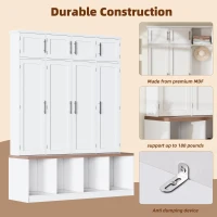Rustic Farmhouse Hall Tree with 8 Storage Doors, Heavy-Duty Shoe Storage Bench Unit with 4 Bottom Compartments, 59'' L x 15.5'' W x 75'' H, White(m-7)