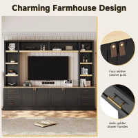 Rustic Farmhouse Entertainment Centre with 6 Storage Drawers, Modern TV Wall Unit with Adjustable Shelves, 98.5'' L x 15.5'' W x 79.5'' H, Black(m-4)