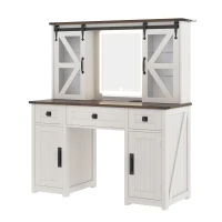 Farmhouse Dressing Vanity Desk with 3-Colour LED Lighted Mirror, Modern Makeup Table Unit with 3 Drawers, 43.5'' L x 15.5'' W x 53.5'' H, Beige(m-11)