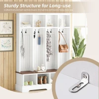 Farmhouse Hall Tree Coat Rack with 8 Retro Hooks, Shoe Bench Unit with 8 Storage Compartments, 59'' L x 15.5'' W x 76.5'' H, White(m-7)