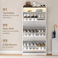 HOMCOM Shoe Cabinet with 3 Flip Drawers Slim Shoe Storage Cabinet with Sensor Light Top Shelf Home Hall White(m-4)