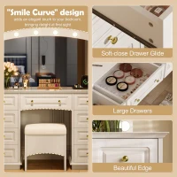 Luxurious Dressing Vanity Desk with 10 Hollywood Bulbs, Modern Makeup Table Set with 9 Storage Drawers, 44'' L x 15.5'' W x 53.5'' H, White(m-6)