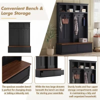 Rustic Farmhouse 4-in-1 Hall Tree Coat Rack with 2 Large Drawers, Shoe Storage Bench Unit with 6 Hooks, 53'' L x 15'' W x 75.5'' H, Black(m-6)