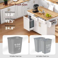 Vintage Kitchen Island with Trash Storage and Organizers, Versatile Rolling Cart with Power Outlet and Spice Rack, 59'' L x 29.5" W x 35.5" H, White(m-6)