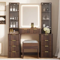 Elegant Fluted Dressing Vanity Desk with 3-Colour LED Mirror, Modern Makeup Table Unit with 10 Drawers, 43.5'' L x 15.5'' W x 54.5'' H, Brown(m-8)