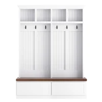 Rustic Farmhouse 4-in-1 Hall Tree Coat Rack with 2 Large Drawers, Shoe Storage Bench Unit with 6 Hooks, 53'' L x 15'' W x 75.5'' H, White(m-2)