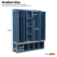 Rustic 4-in-1 Hall Tree Coat Rack with 4 Cabinets and 6 Sturdy Hooks, Shoe Storage Bench Unit for Mudroom, 63'' L x 15.5'' W x 76.5'' H, Blue(m-3)