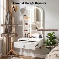 Modern Floating Makeup Vanity with Arched Mirror, Outlet and 3-Color Lights, Versatile Wall Vanity for Bedrooms, 23'' L x 15.5" W x 48" H, White(m-4)