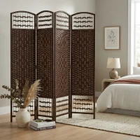 HOMCOM 4 Panel Folding Room Divider Portable Privacy Screen Wave Fiber Room Partition for Home Office Brown(m-9)