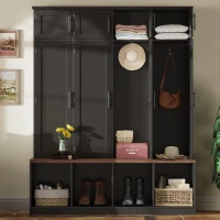 Rustic Farmhouse Hall Tree with 8 Storage Doors, Heavy-Duty Shoe Storage Bench Unit with 4 Bottom Compartments, 59'' L x 15.5'' W x 75'' H, Black(m-8)