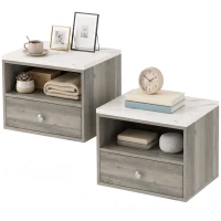 HOMCOM Floating Bedside Tables Set of 2 with Drawer, Open Storage and White Marble Effect Top for Bedroom, Natural(m-2)