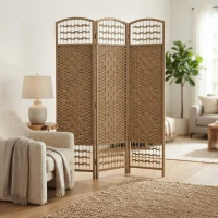 HOMCOM 3 Panel Folding Room Divider Portable Privacy Screen Wave Fiber Room Partition for Home Office Natural(m-2)