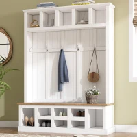 Farmhouse Hall Tree Coat Rack with 13 Compartments, Shoe Storage Bench Unit with Wide Storage Seating Bench, 59'' L x 18'' W x 79'' H, White(m-1)