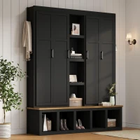 Rustic 4-in-1 Hall Tree Coat Rack with 4 Cabinets and 6 Sturdy Hooks, Shoe Storage Bench Unit for Mudroom, 63'' L x 15.5'' W x 76.5'' H, Black(m-1)