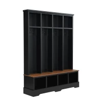 Farmhouse Hall Tree Coat Rack with 8 Retro Hooks, Shoe Bench Unit with 8 Storage Compartments, 59'' L x 15.5'' W x 76.5'' H, Black(m-12)