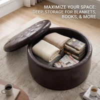 Elegant Round Storage Ottoman with Tufted Chenille and Removable Lid, Versatile Coffee Table for Living Room, 28'' L x 28" W x 16.5" H, Dark Brown(m-4)
