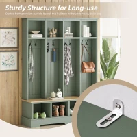 Farmhouse Hall Tree Coat Rack with 8 Retro Hooks, Shoe Bench Unit with 8 Storage Compartments, 59'' L x 15.5'' W x 76.5'' H, Mint Green(m-7)