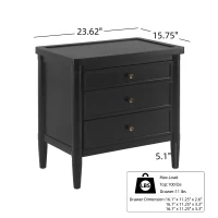 Modern Nightstand with 3 Drawers and Brass Handles, Chic Storage Cabinet with Solid Wood Frame, 23.5'' L x 15.5" W x 24.5" H, Black(m-3)