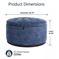 Elegant Round Storage Ottoman with Tufted Chenille and Removable Lid, Versatile Coffee Table for Living Room, 28'' L x 28" W x 16.5" H, Blue(m-3)