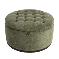 Elegant Round Storage Ottoman with Tufted Chenille and Removable Lid, Versatile Coffee Table for Living Room, 28'' L x 28" W x 16.5" H, Green(m-10)