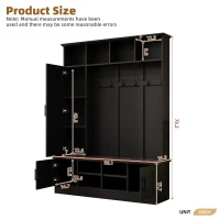 Rustic Farmhouse Hall Tree Coat Rack with Shoe Storage Bench, Heavy-Duty Storage Cabinet Unit with 6 Metal Hooks, 55'' L x 15.5'' W x 73'' H, Black(m-3)