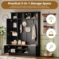 Rustic Farmhouse Hall Tree Coat Rack with Shoe Storage Bench, Heavy-Duty Storage Cabinet Unit with 6 Metal Hooks, 55'' L x 15.5'' W x 73'' H, Black(m-5)