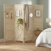 HOMCOM 4.7' 4 Panel Wooden Room Divider with Pegboard Display, Folding Privacy Screen for Home Office, Natural(m-9)