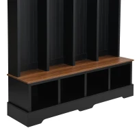 Farmhouse Hall Tree Coat Rack with 8 Retro Hooks, Shoe Bench Unit with 8 Storage Compartments, 59'' L x 15.5'' W x 76.5'' H, Black(m-10)