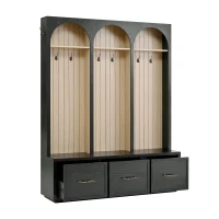 Farmhouse Hall Tree Coat Rack with 3 Arches and 8 Retro Hooks, Shoe Storage Bench Unit with 3 Drawers, 59'' L x 15.5'' W x 75'' H, Black(m-14)