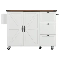 Farmhouse Kitchen Island with Power Outlet and Drop Leaf, Versatile Rolling Cart with Spice Rack and Storage, 54.5'' L x 28.5" W x 36.5" H, White(m-2)