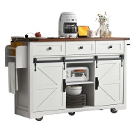 Farmhouse Kitchen Island with Power Outlet, Drop Leaf and Sliding Barn Doors, Versatile Rolling Cart for Kitchen, 53.5'' L x 18.5" W x 37" H, White(m-14)