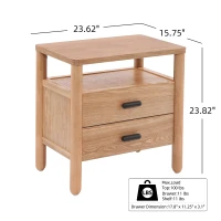 Modern Nightstand with Open Shelf and 2 Drawers, Wooden Bedside Storage Table Unit with Rounded Corners, 23.5'' L x 15.5'' W x 24'' H, Light Natural(m-3)